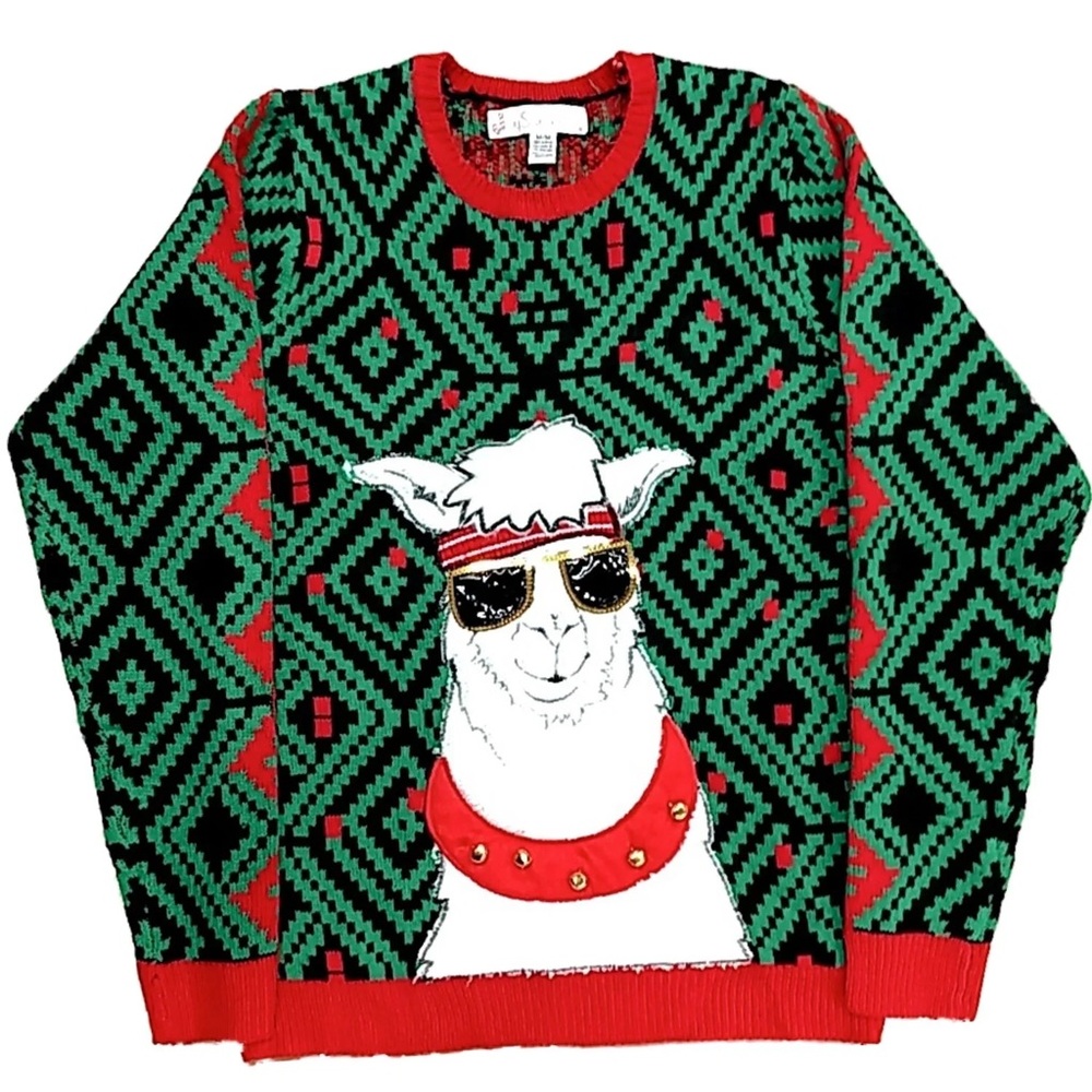 Festive Christmas Llama Sweater - Red, Green, and Black - Picture 1 of 5